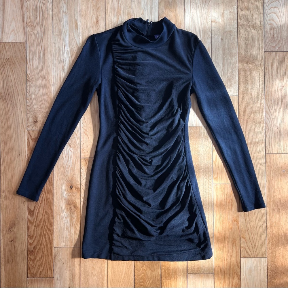 Vivienne Tam Mock Neck Long Sleeve Draping Black Zip Mini Dress Womens Size XS